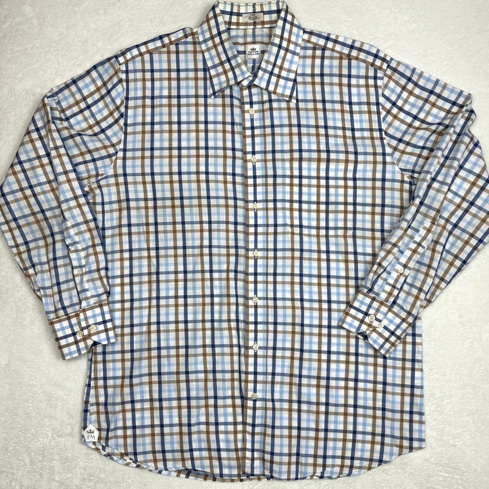 Peter Millar Mens Large Plaid Button Down Shirt Blue Brown‎ White Cotton